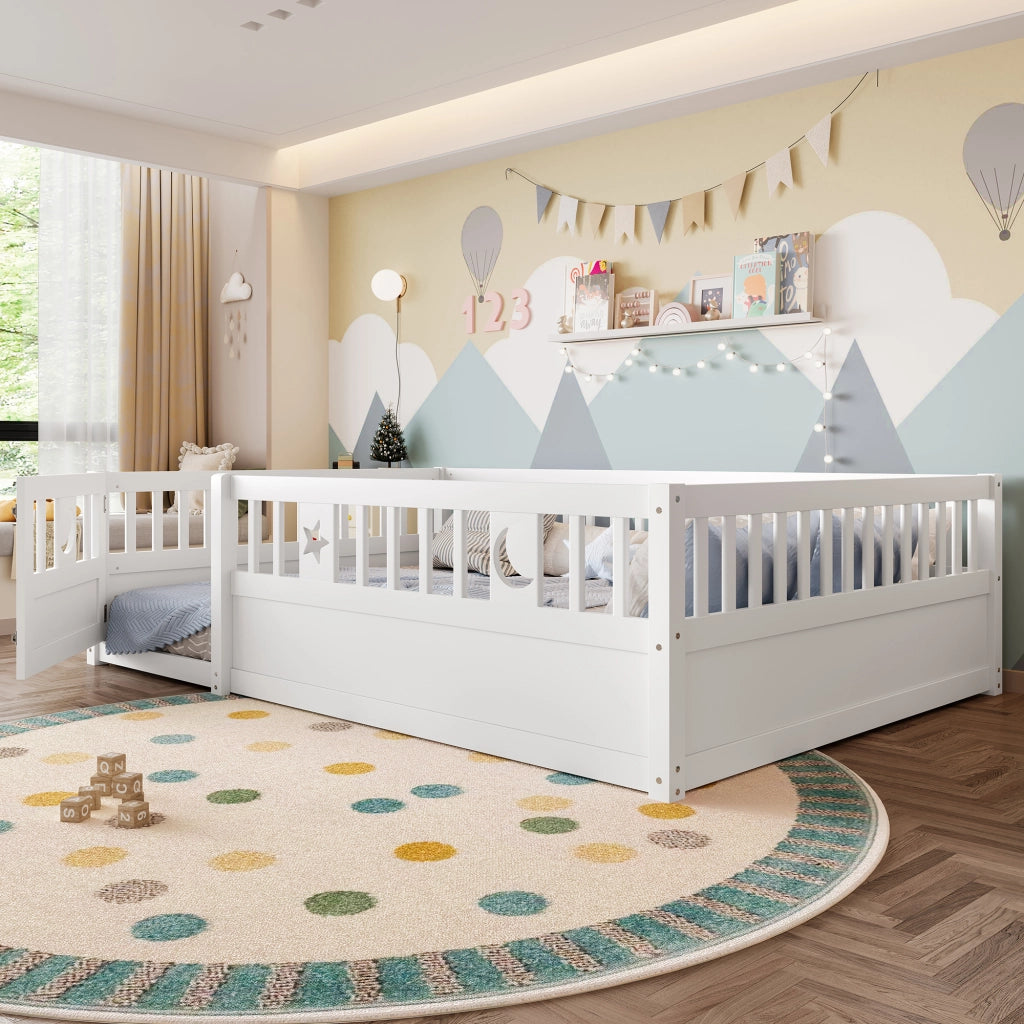 Letto bambino 140×190 cm; con sponda di sicurezza e chiusura; senza materasso; in pino; bianco
