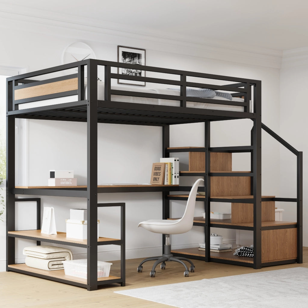 Letto a soppalco in metallo 140x200 cm nero con scale contenitore, ripiani e scrivania