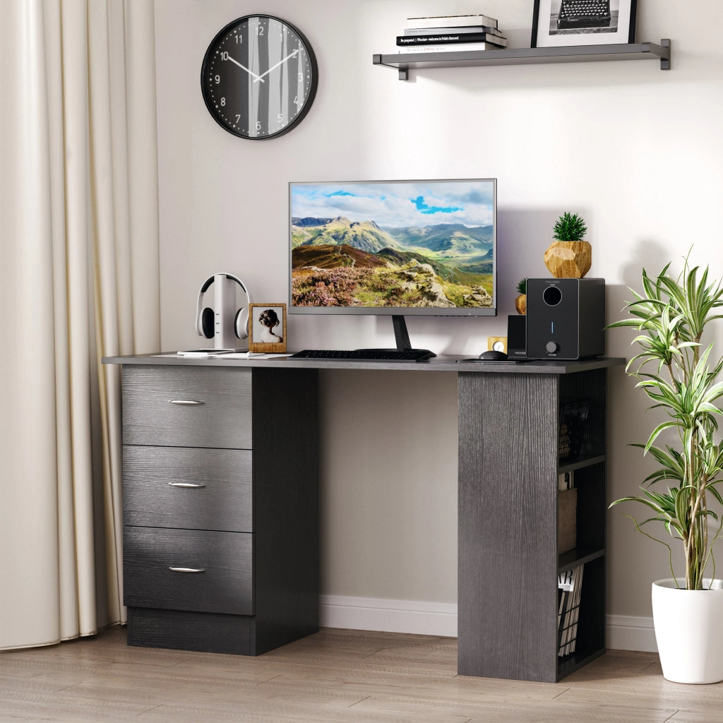 Scrivania PC con 3 Ripiani e 3 Cassetti per Camera e Ufficio. in Legno MDF. 120x49x72 cm. Nera