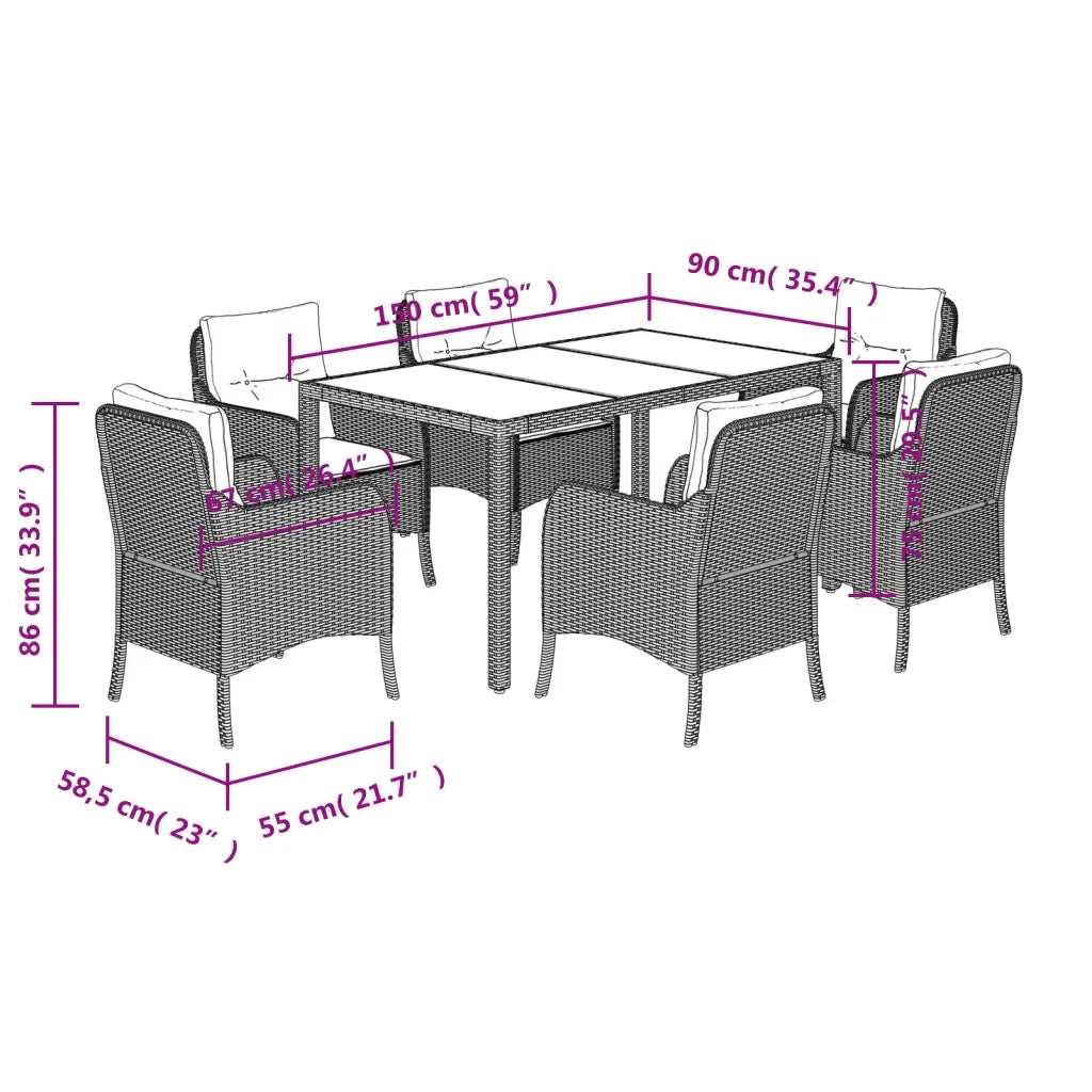 Set da Pranzo da Giardino 7 pz Nero con Cuscini in Polyrattan