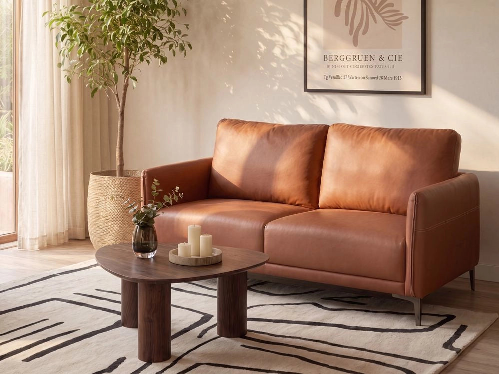 Divano a 2 posti in tessuto marrone dorato con gambe in metallo stile moderno minimalista
