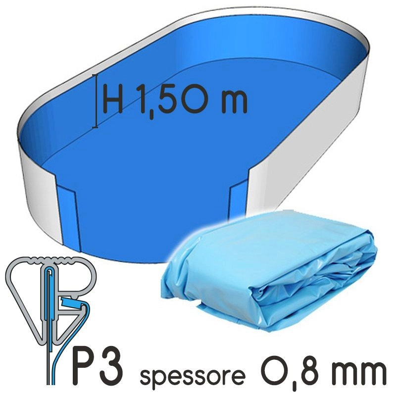 Liner Per Piscina A Forma Ovale 11,00 X 5,00 X H. 1,50 M Sabbia- Attacco P3 - Spessore 0,80 Mm Tipo attacco: P3, Colore: Azzurro