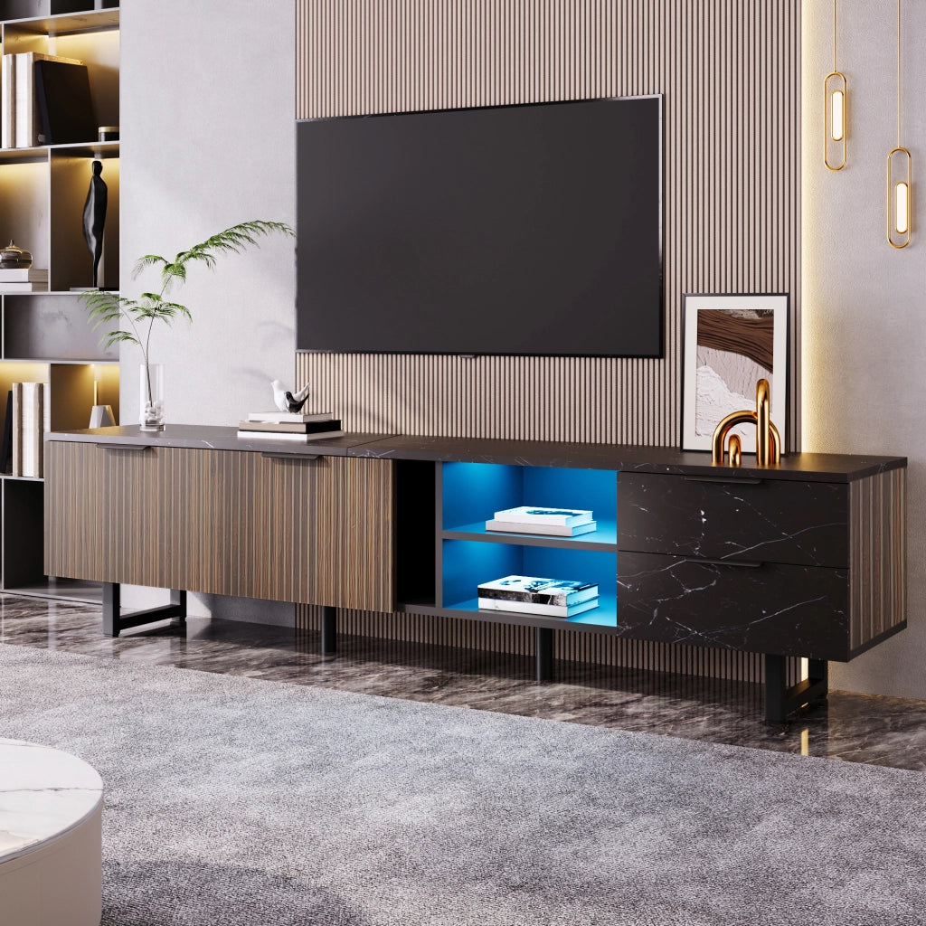 Cassettiera per TV nera e legno; in MDF; lunghezza 200 cm