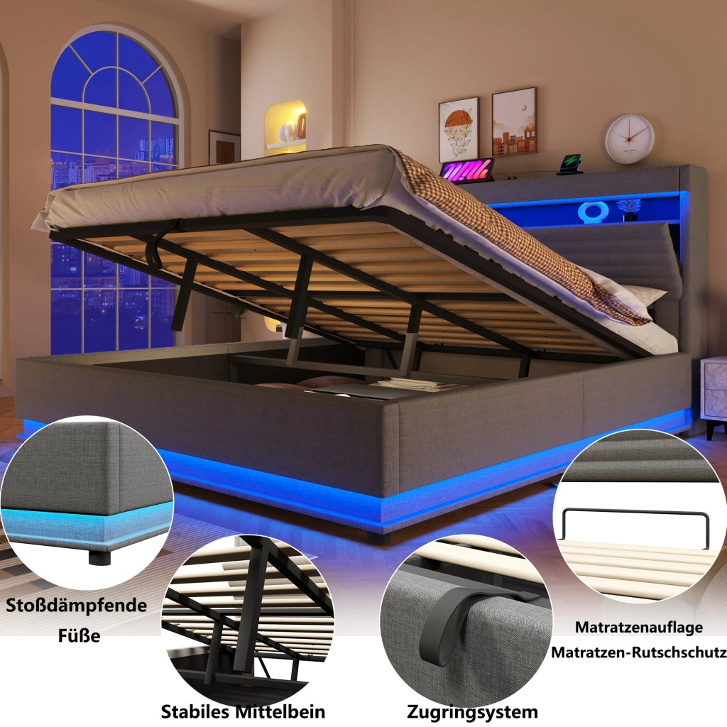 LETTO imbottito 180x200 cm in lino grigio con USB Type-C e LED, senza materasso