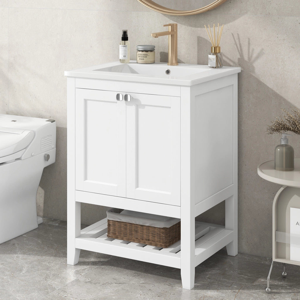 Mobile bagno con lavabo in ceramica, bianco, con base a pavimento e doppio colli