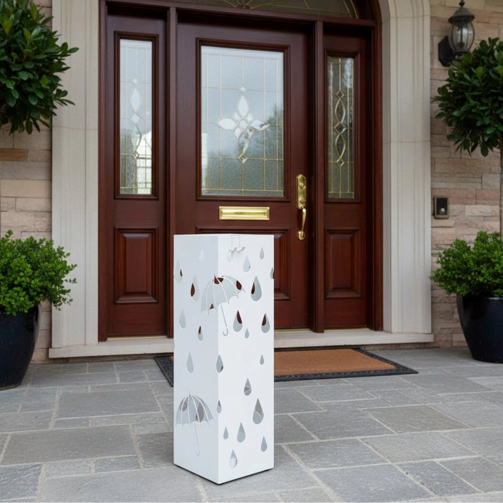 Portaombrelli In Acciaio Zincato Con Base Antiscivolo Vaschetta Scolapioggia E 2 Ganci Removibili Design Moderno Per Ingresso Casa E Ufficio 49 X 15.5 X 15.5 Cm Bianco