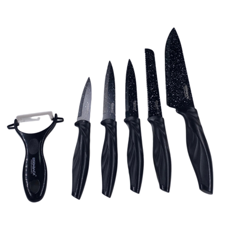 Trade Shop - Set Di Coltelli Rivestiti In Marmo Con Manici Ergonomici Antiscivolo 6 Pezzi Nero -