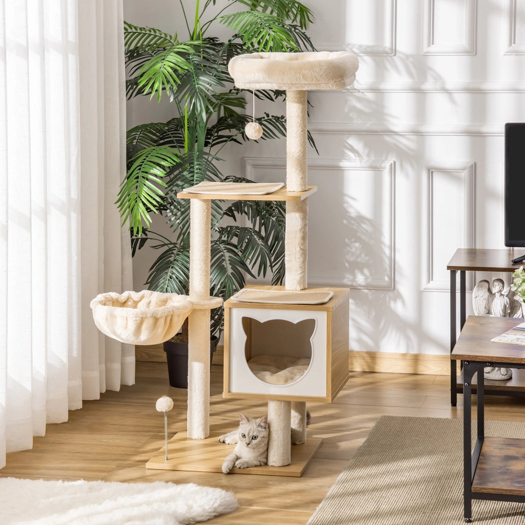 Albero tiragraffi per gatti con amaca e cuscini ¨C Minimal ¨C 126 cm naturale beige