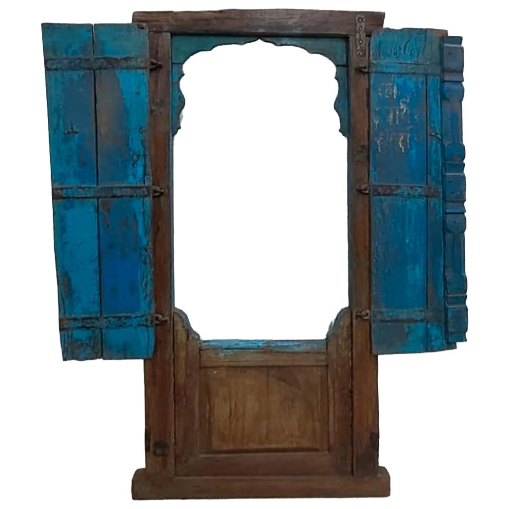 Finestra in legno con finitura artigianale blu, 81x10x166h cm