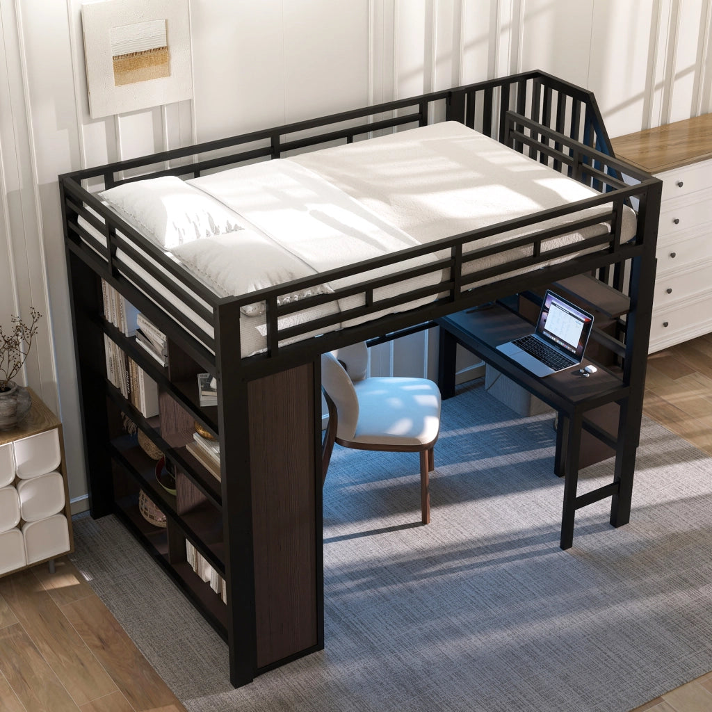 Letto a Soppalco con Scrivania e LED ¨C MINIMAL ¨C Metallo Nero 140x200