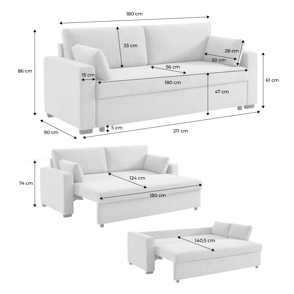 Divano letto in tessuto ciniglia, 3 posti, beige