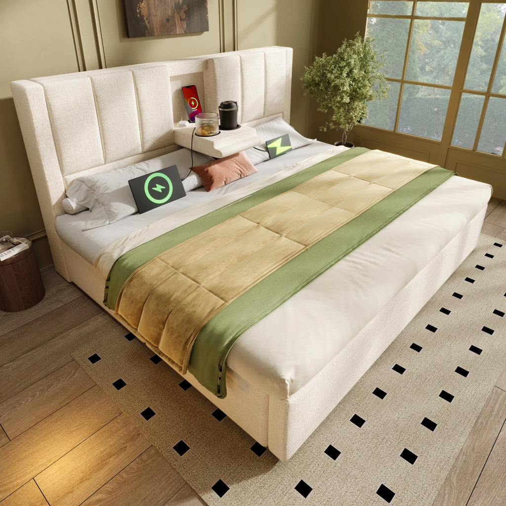 LETTO Contenitore 140x200 cm in lino beige con portabicchieri e USB