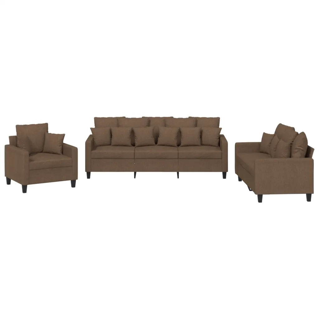 Set di Divani 3 pz con Cuscini Marrone in Tessuto