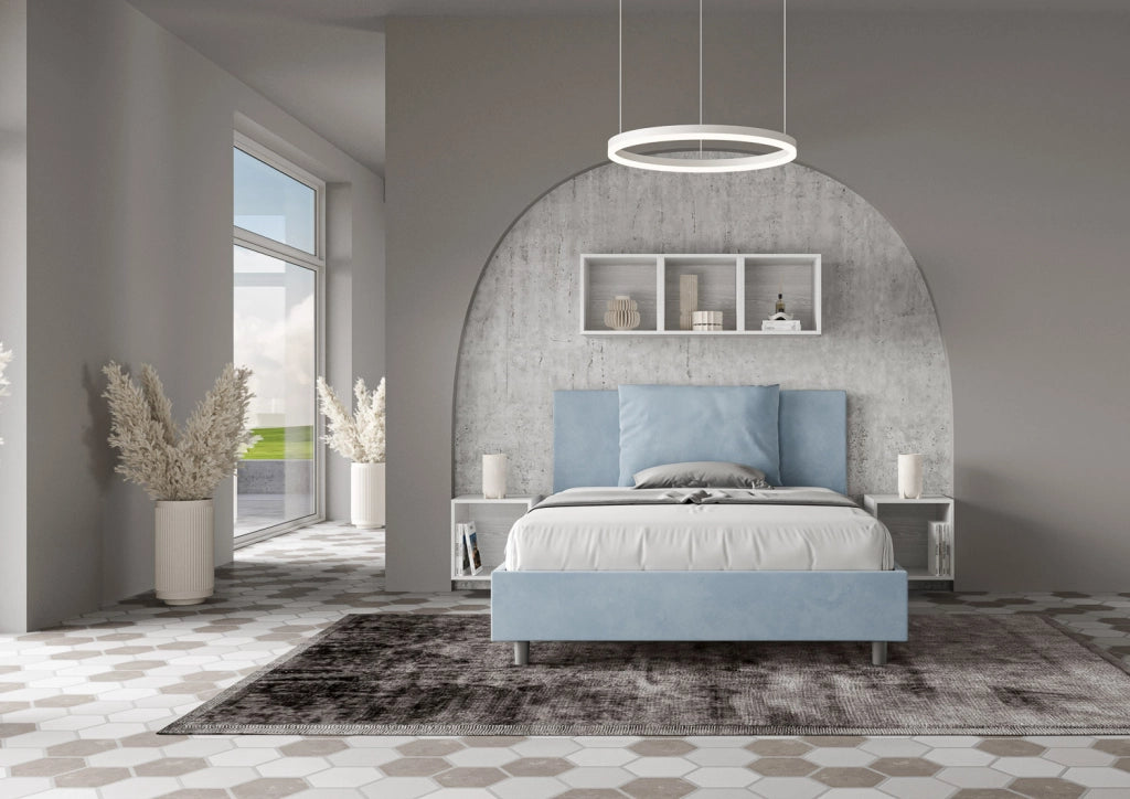 BS COM Letto matrimoniale francese senza rete imbottito 140x210 microfibra azzurro