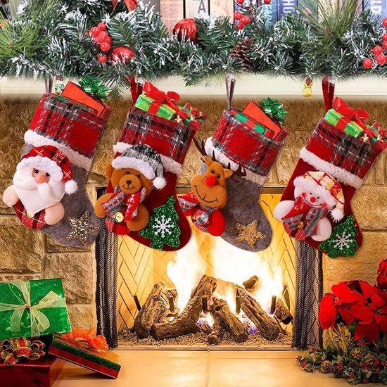 Set di Calze di Natale da 4 - Stivali del Babbo Natale - Calze da Parete da Natale - Decorazione per Camino - Grande Capacità - Materiale di Alta Qualità