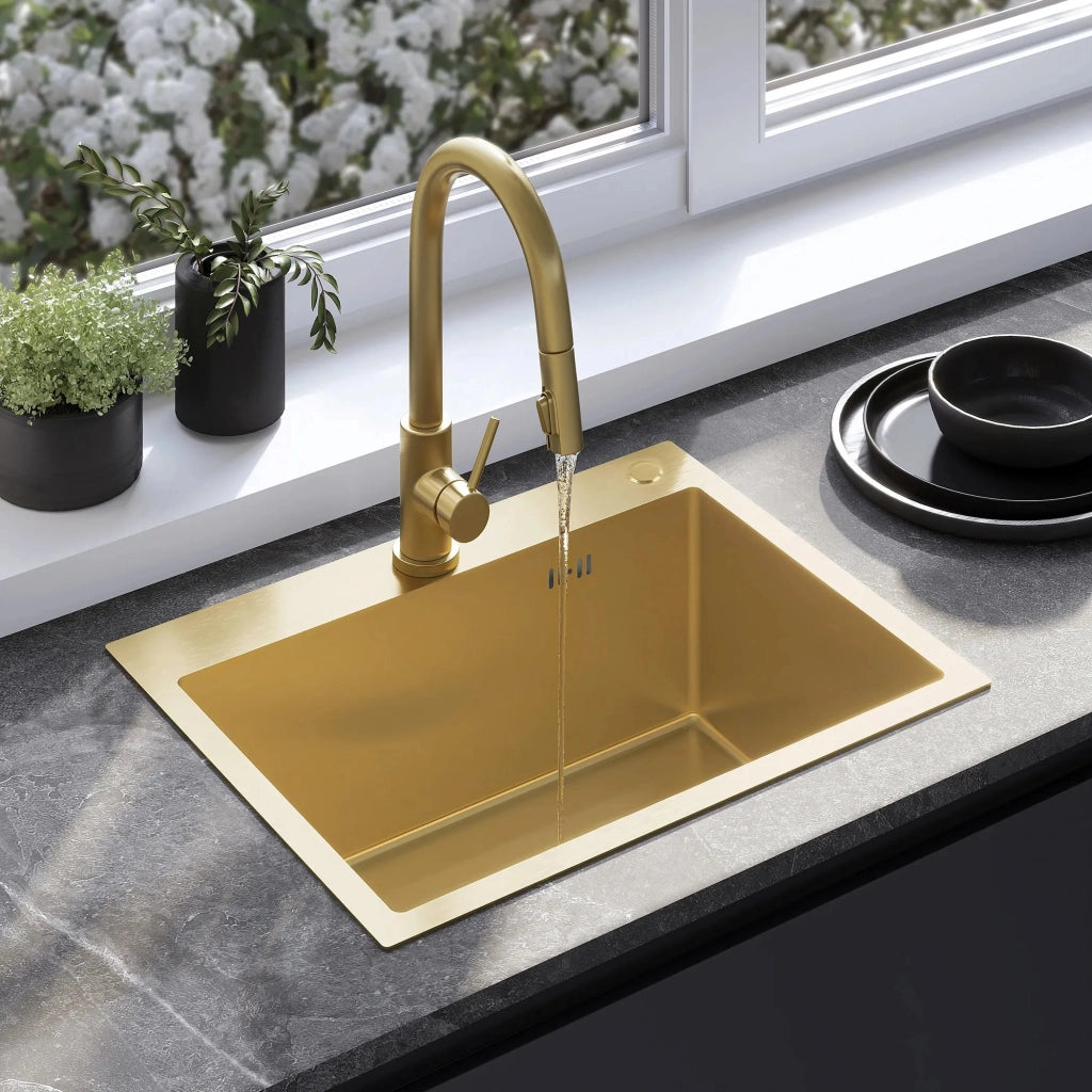 Lavello In Acciaio Liam Brush Gold con rubinetto da cucina
