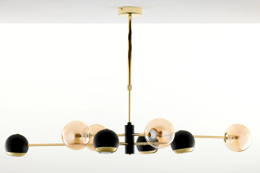 Sospensione MOKA oro/nero globi ambra 8 luci Jupiter