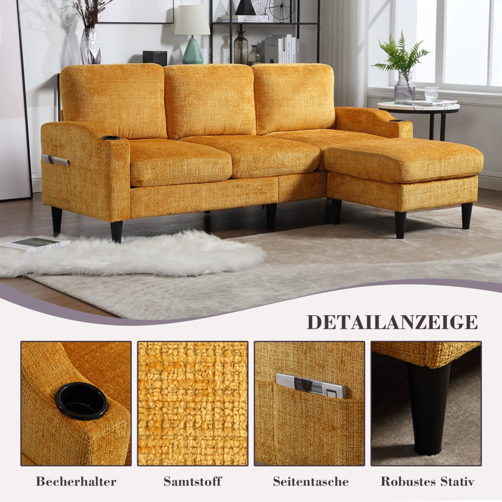 DIVANO 4 POSTI 196,5x75x77 cm in Chenille Giallo con Pouf e Contenitore