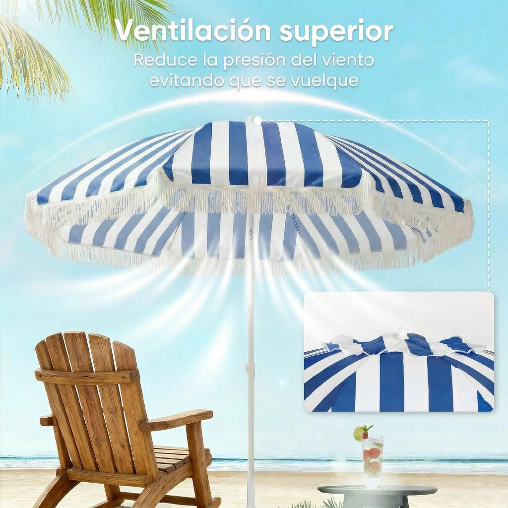 Ombrellone da Giardino con Frange ¨C Minimal ¨C Blu e Bianco ?180 cm