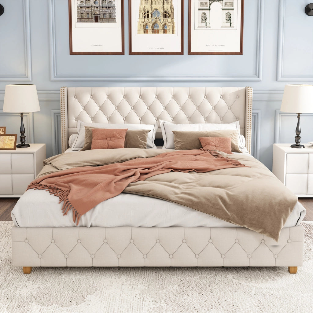 letto imbottito lino beige 160 x 200 cm