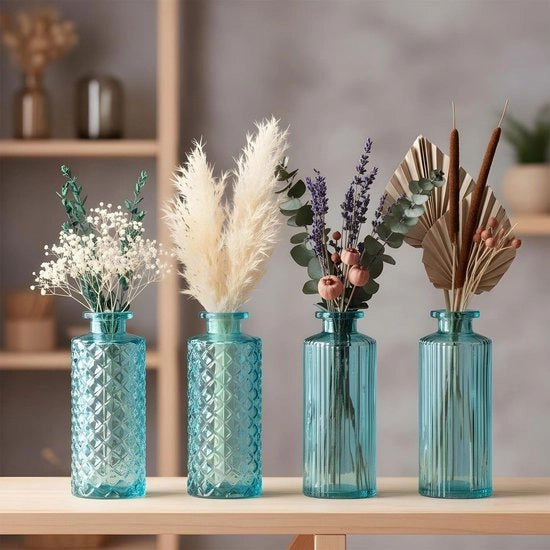 Set di Vasi in Vetro da 4 pezzi - Turquoise/Translucido - Altezza 13 cm - Vasi Decorativi per Fiori - Vasi per Interni - Disegno Unico - Vaso per Fiori