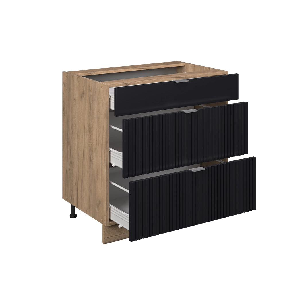 Mobiletto base per cucina Fame-Line Nero rigato/Rovere dorato 80 cm con 3 cassetti, PL Antracite Vicco