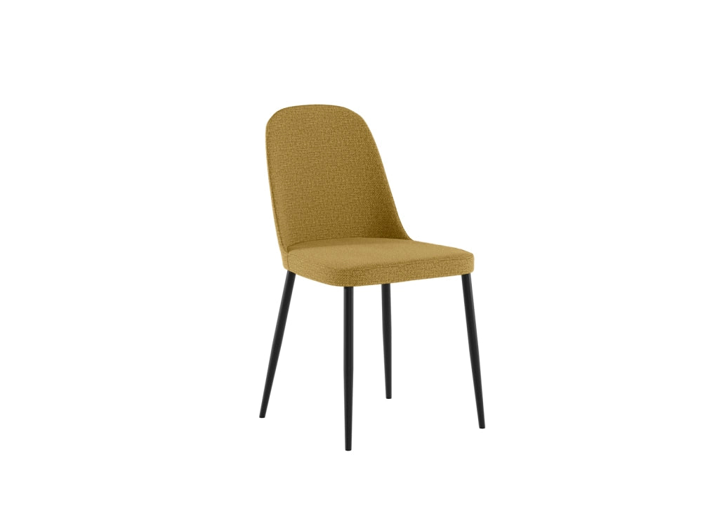 Sedia da pranzo Tamara con struttura in polipropilene e rivestimento in tessuto giallo, gambe in metallo nero - Design moderno e vivace