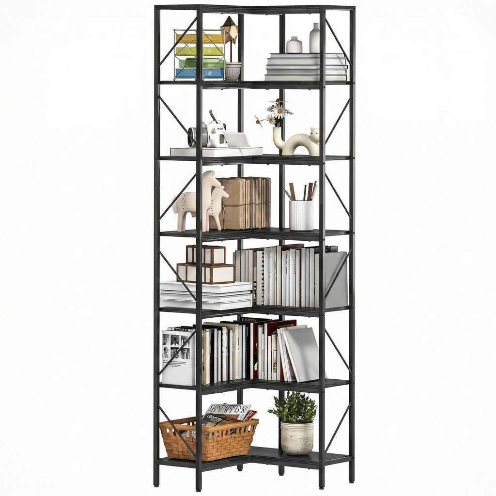 Libreria Angolare Scaffale Industriale 7 Ripiani ¨C zephmum ¨C Effetto Legno Nero