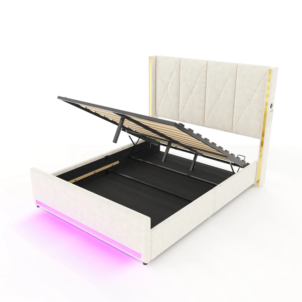 Letto Contenitore Imbottito con LED, USB e Sistema Idraulico ¨C MINIMAL ¨C Velluto, 160x200