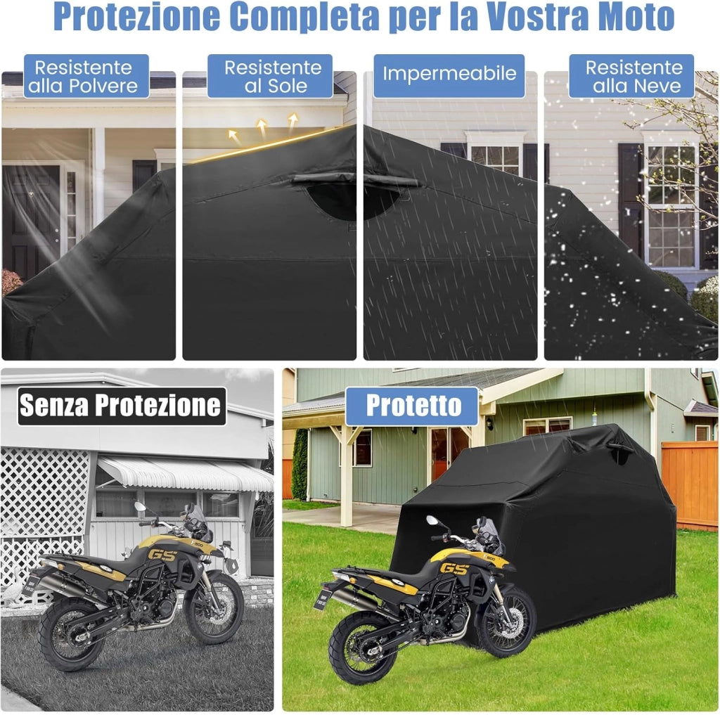 Telo Moto per Esterno, Garage per Moto con Copertura in Tessuto Oxford, Finestre a Rullo in Rete, Portatile e Impermeabile, 342 x 137 x 193 cm