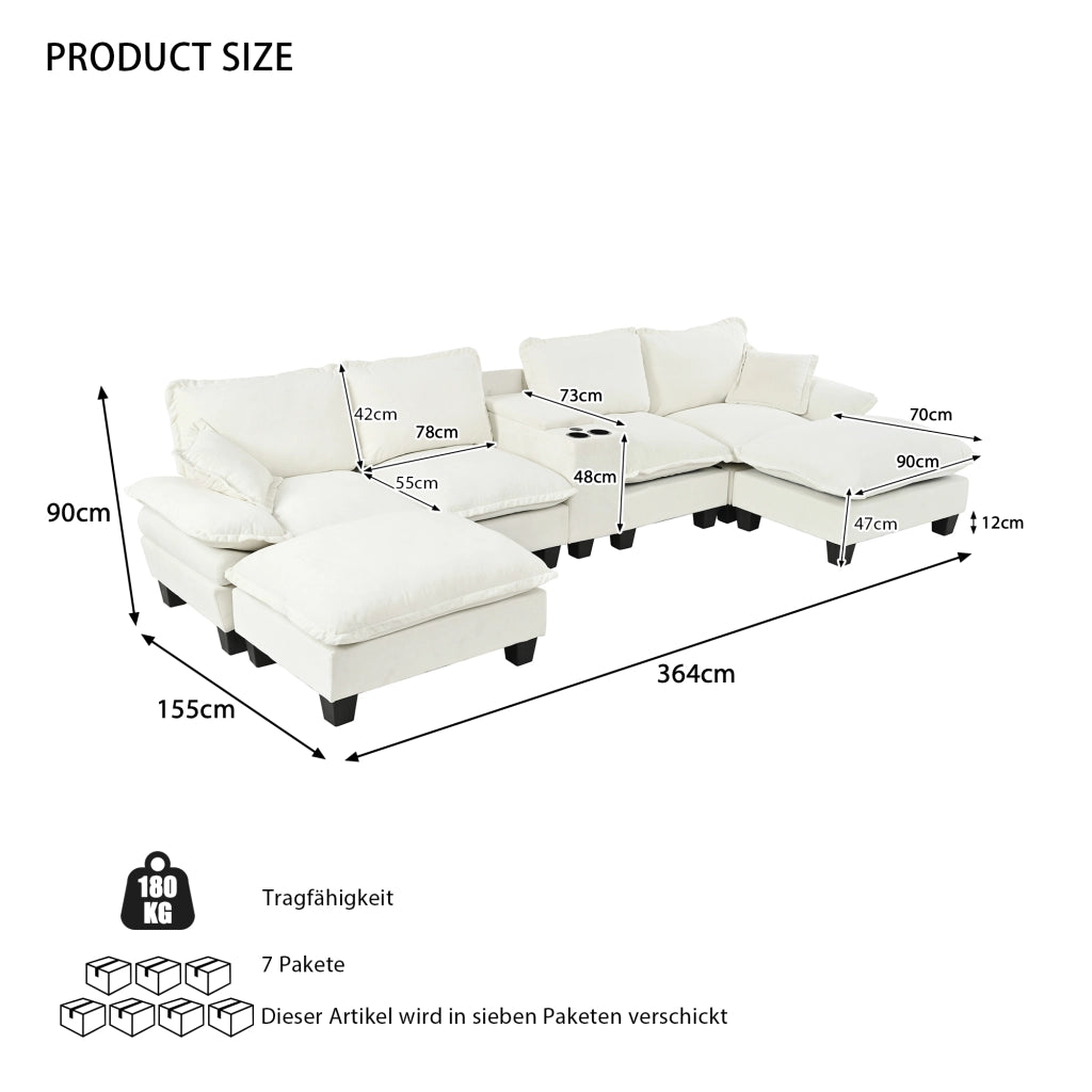 Divano Angolare Modulare con Ottomane ¨C MINIMAL ¨C Chenille Beige, Portabicchieri, USB, Contenitore