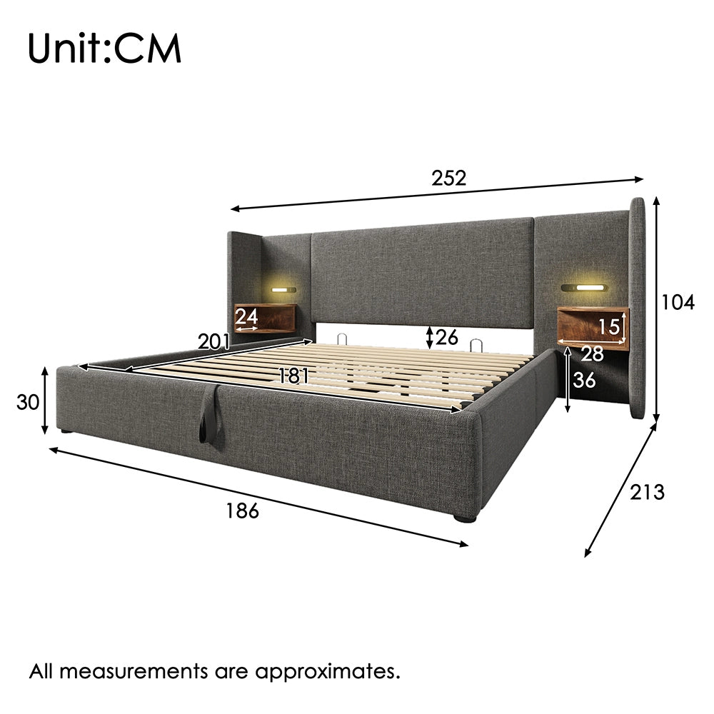 Letto imbottito con cassone - Xylo - 180??200 cm - Grigio Lin - Comodino con luce e USB Type-C