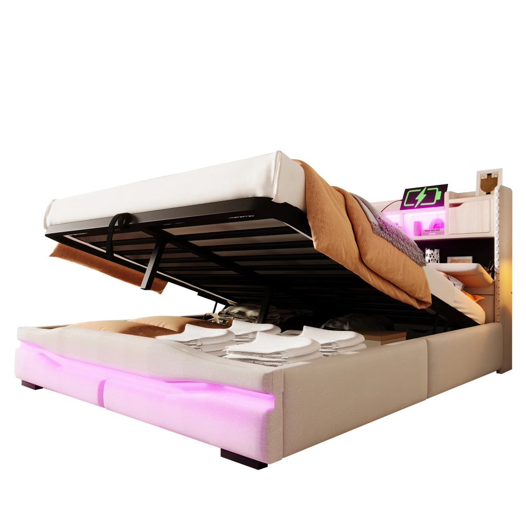 Letto Imbottito Contenitore con LED e USB ¨C MINIMAL ¨C 160x200, Beige, Idraulico