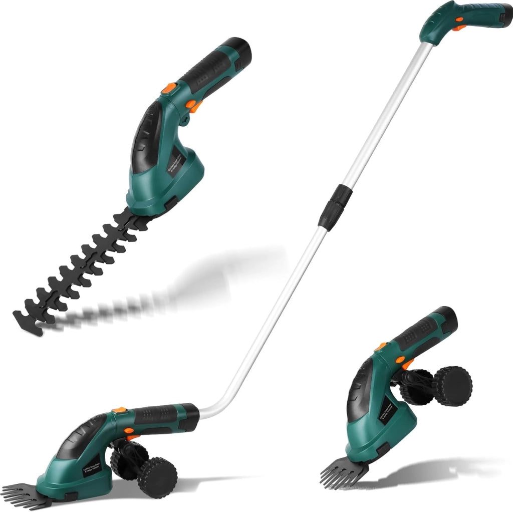 Cesoia per Erba a Batteria 7,2V 2000mAh, 2 in 1 Tagliasiepi elettrico a batteria, con Manico Telescopico, Taglia bordi giardino a batteria, Per Siepi, Giardino e Cespugli, Verde scuro