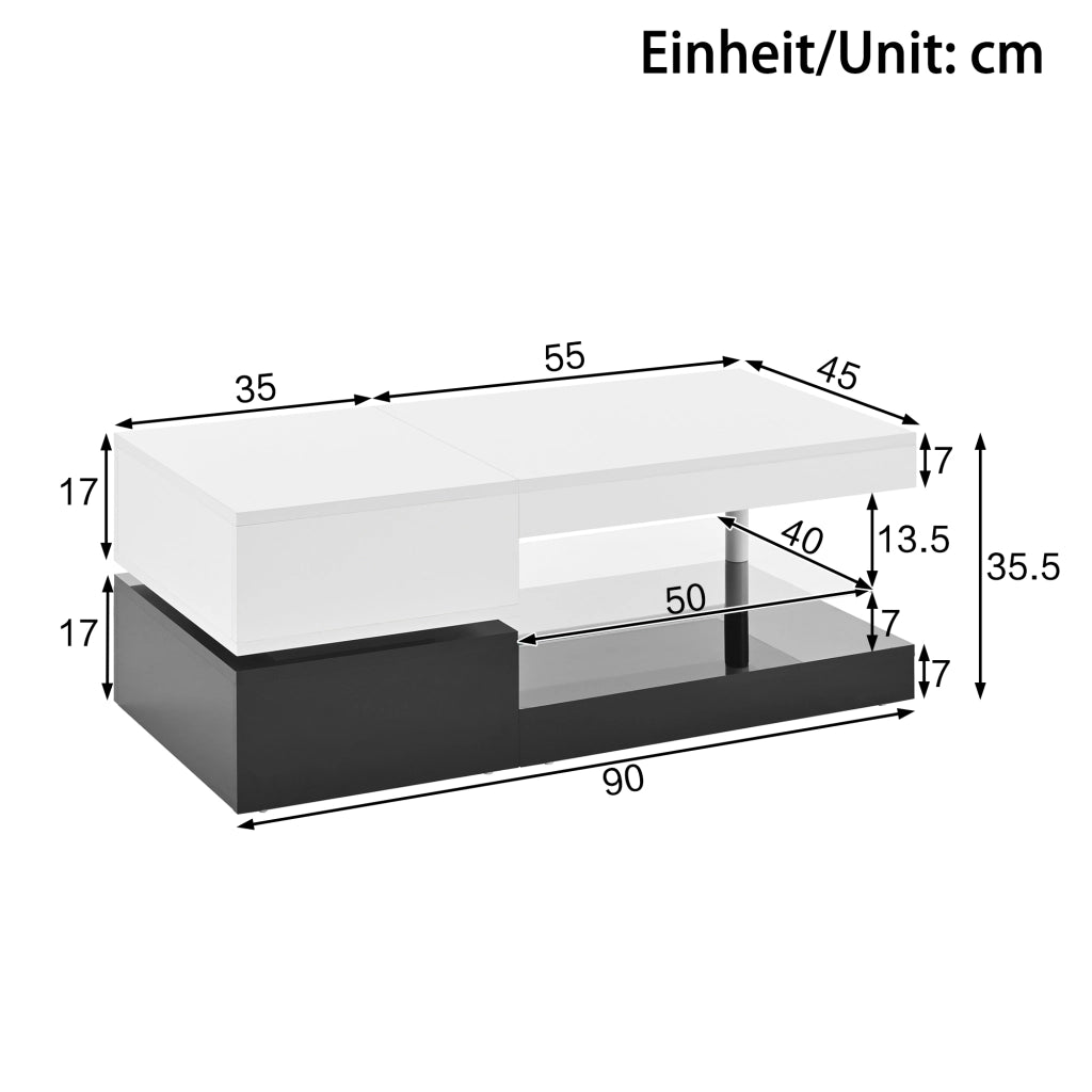 OKWISH Tavolino da Salotto con Ripiano in Vetro e LED, Controllo Bluetooth, per Soggiorno, Nero e Bianco, 90 x 45 x 35.5 cm