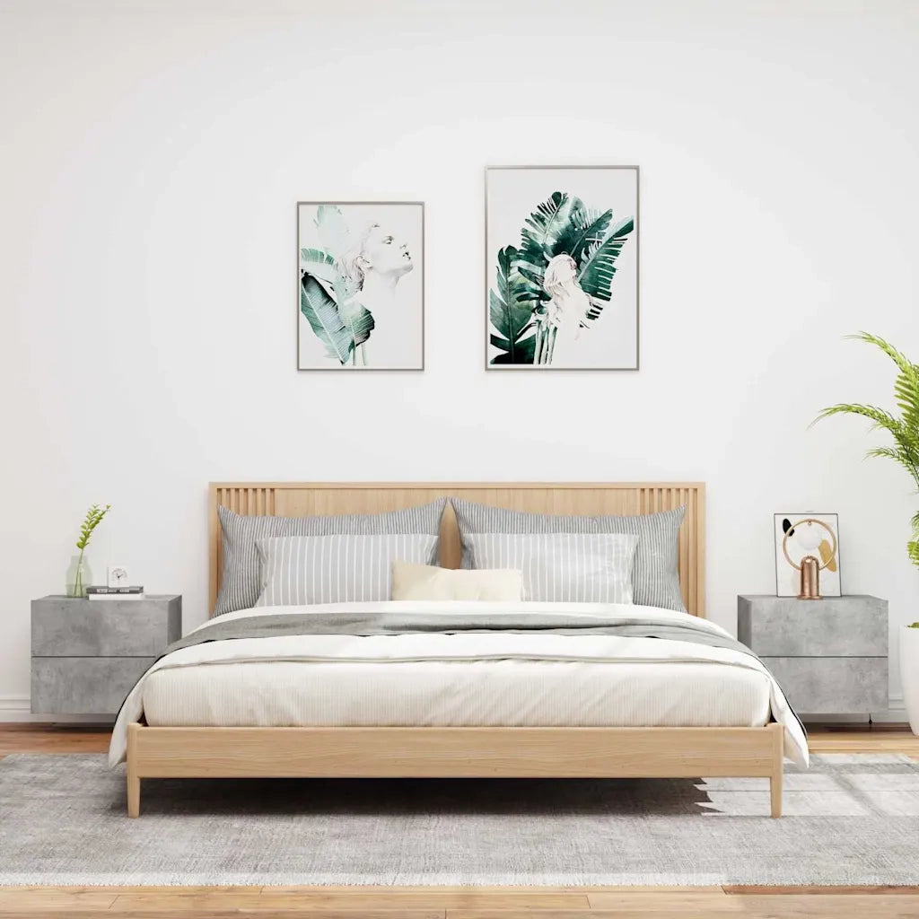 Set di 2 Comodini | Armadio da Notte | Mobiletto da notte a Parete con Luci LED Grigio Cemento