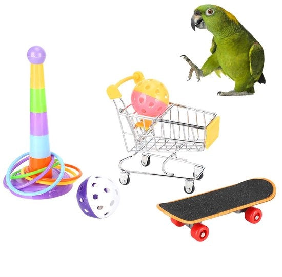 Giocattolo per Pappagallo 4 pezzi Kit di Gioco Intellettuale Campanelli Palla Carrello Skateboard Cerchio Pappagallo Attività Pappagallo Allenamento in Piedi per Pappagallo Pappagallo Pappagallo di Parco