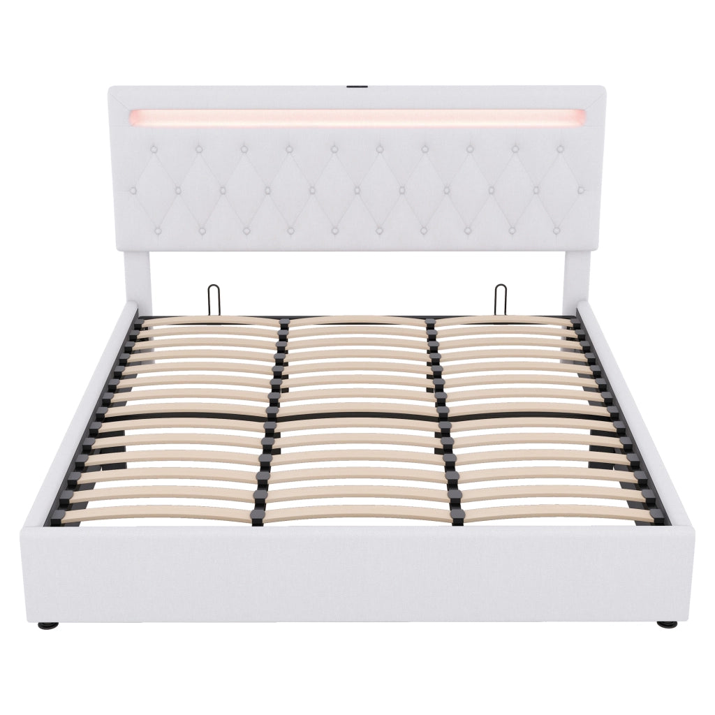 Letto doppio imbottito 180x200cm con ripostiglio; USB e Tipo C in bianco