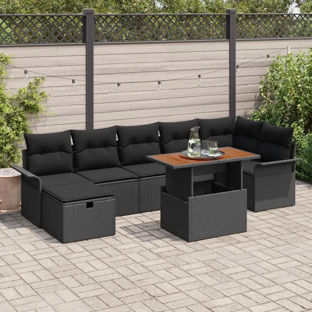 Set Divano da Giardino con cuscino 8 pcs Nero polyrattan