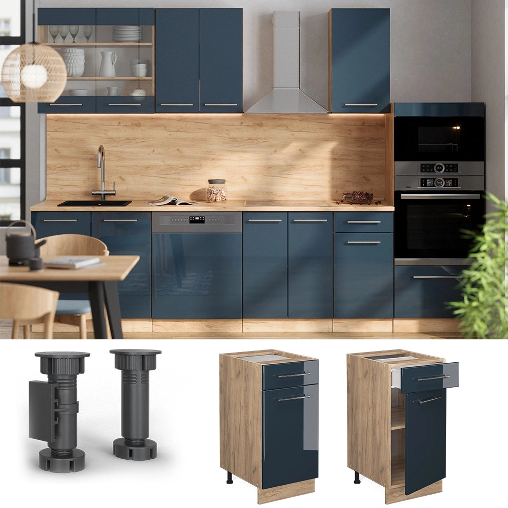 Mobiletto base per cucina Fame-Line Blu scuro lucido/Rovere dorato 40 cm, PL Marmo Vicco