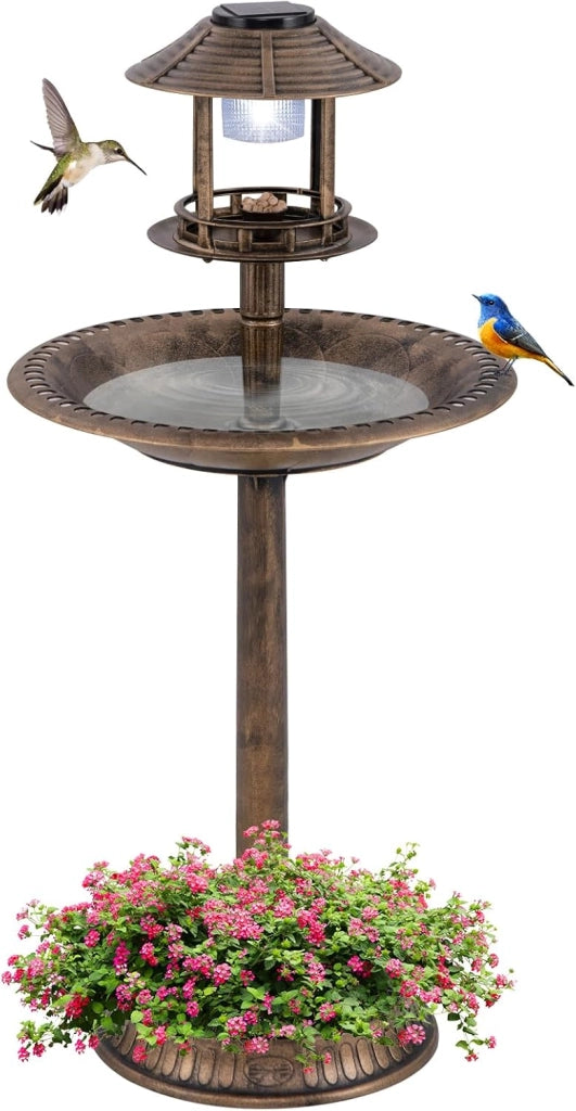 Mangiatoia Decorativa per Uccelli, Casetta per Uccellini da Esterno con Base per Fioriera, Lampada Solare, Decorazione Vintage da Giardino e Cortile (Bronzo)