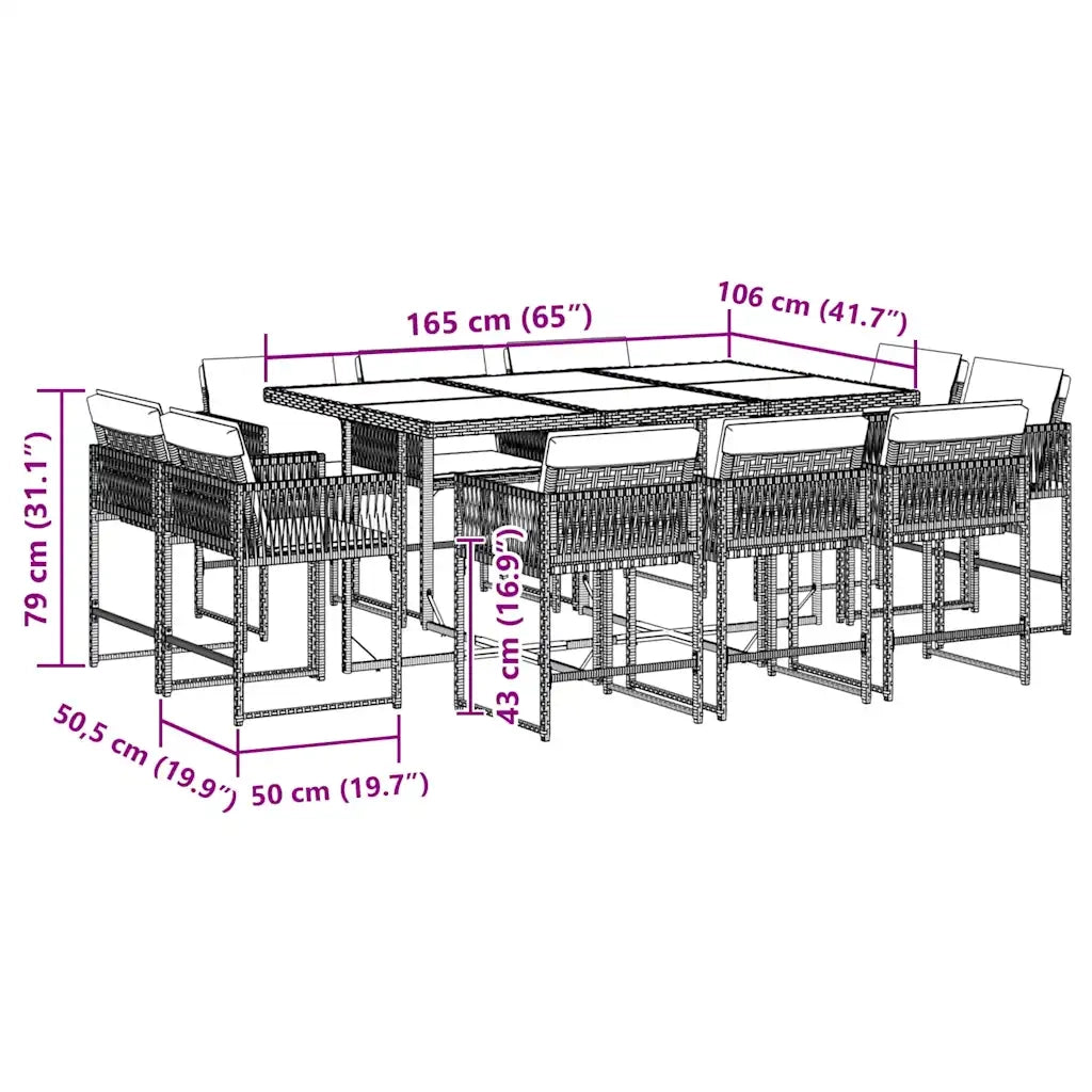 Set da Pranzo da Giardino 11 pz con Cuscini in Polyrattan Nero