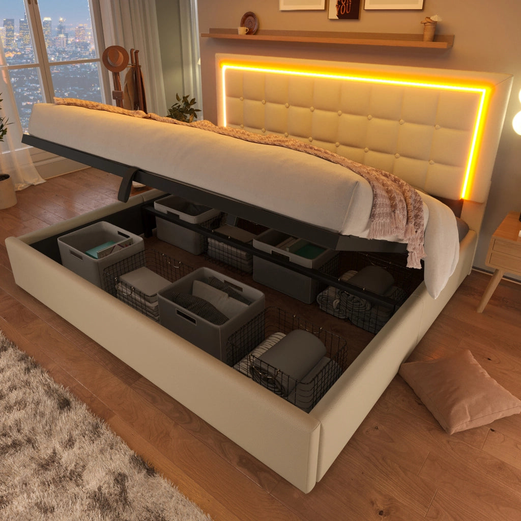 LETTO Contenitore 160x200 cm con LED, PU Bianco