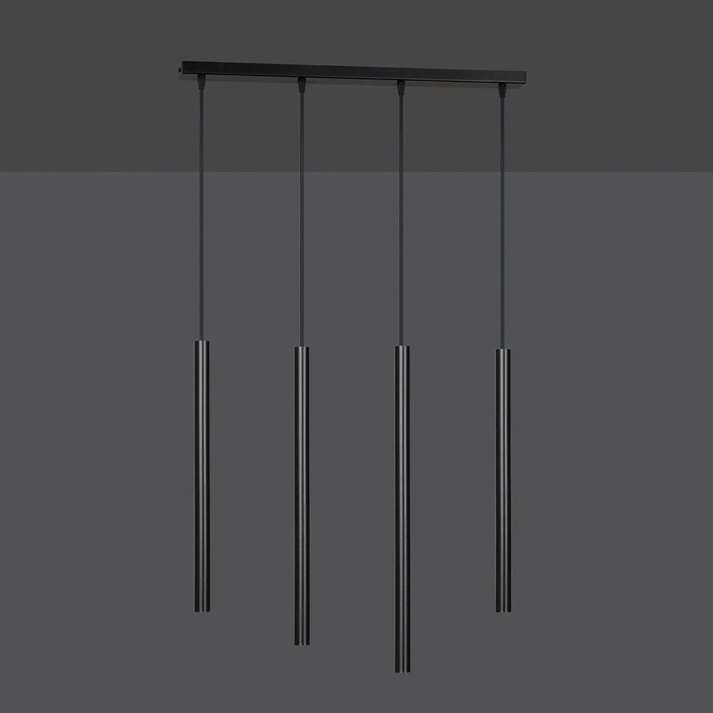 Lampadario 4 Luci Moderno Shu Acciaio Nero E Paralumi A Cilindri Sottili