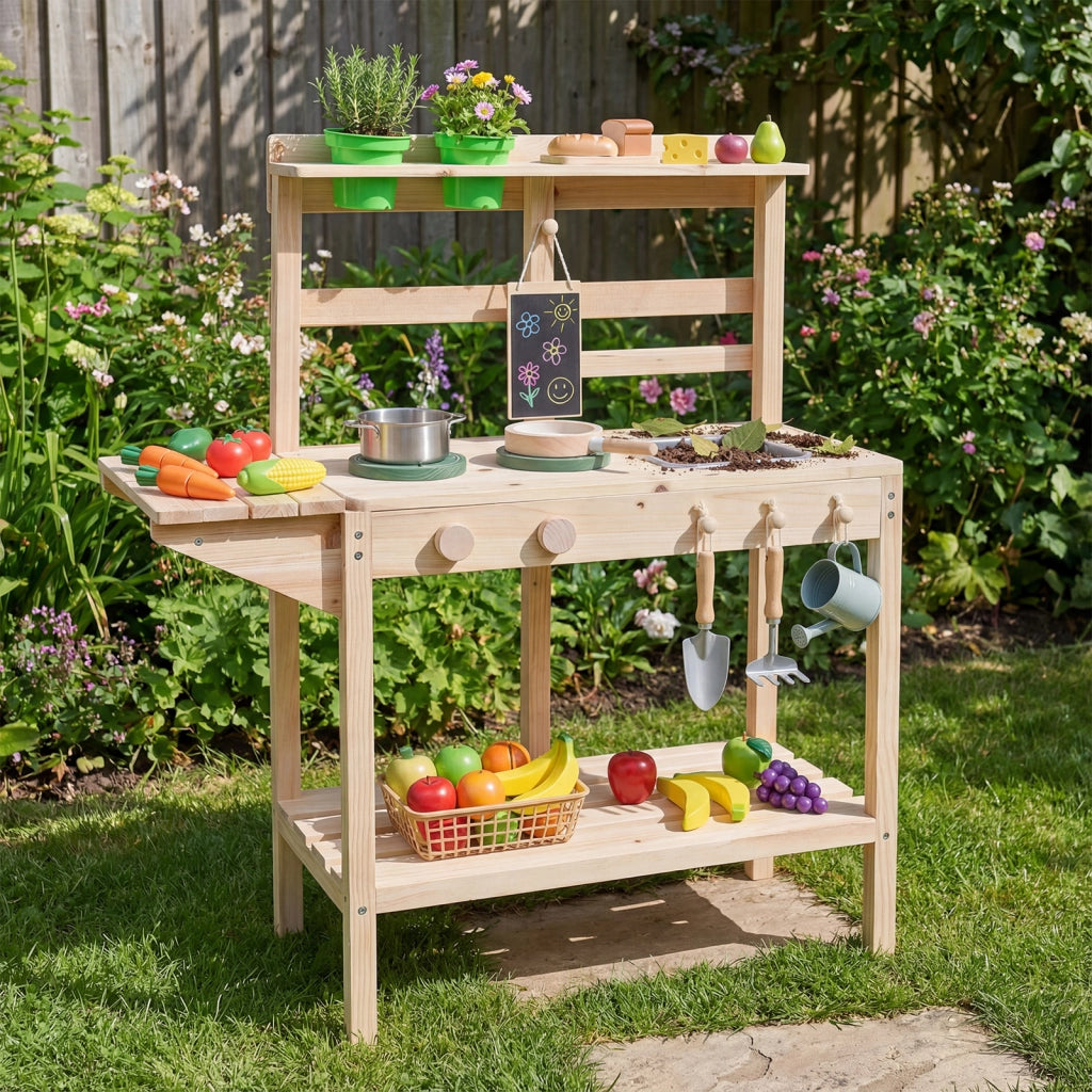 Set da cucina giocattolo per bambini legno fornelli lavello manopole rotanti-Cucina gioco da chef lavagna vasi fiori scaffali 3+ anni