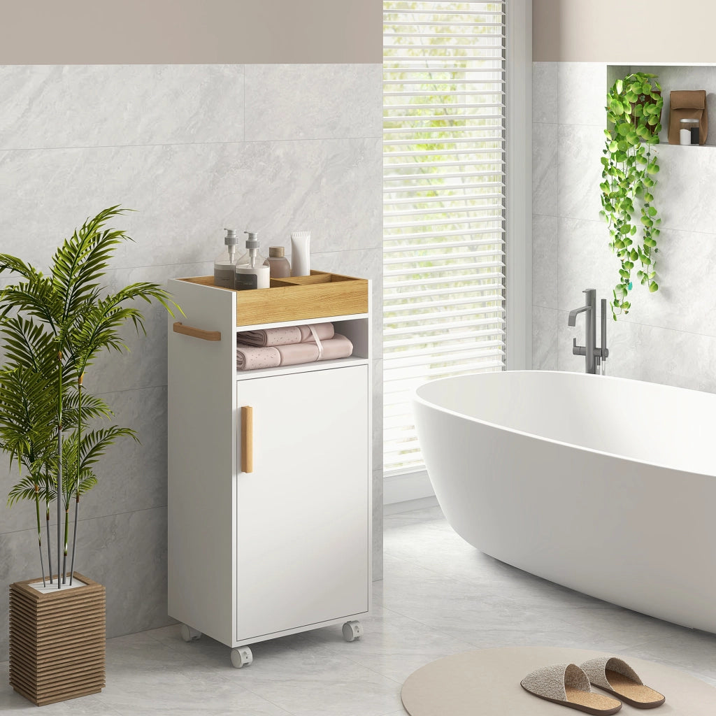 Armadietto Bagno con Ripiani Regolabili e Ruote ¨C Minimal ¨C Bianco Rovere 40x30x88