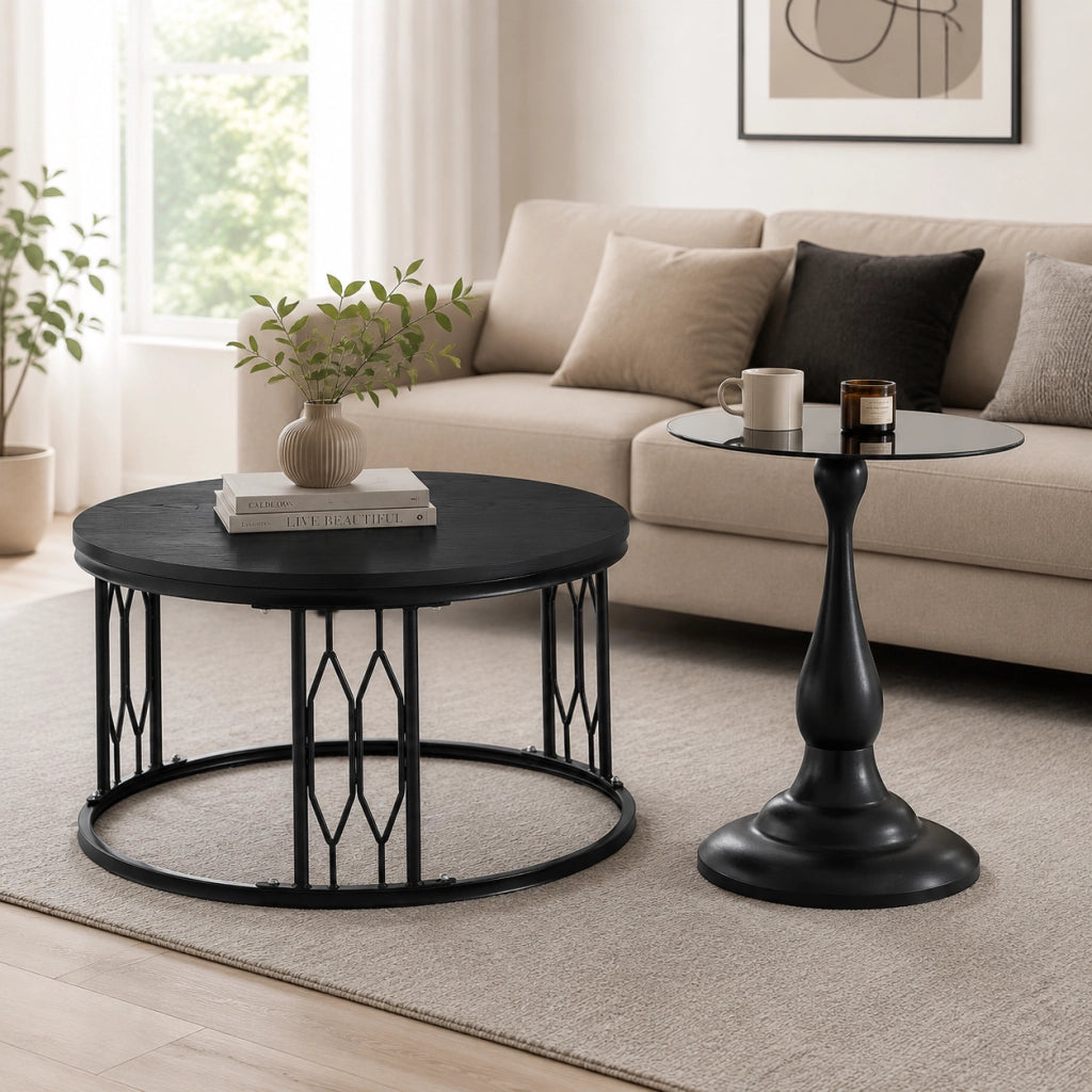 TAVOLINO rotondo 70 cm in MDF e metallo nero