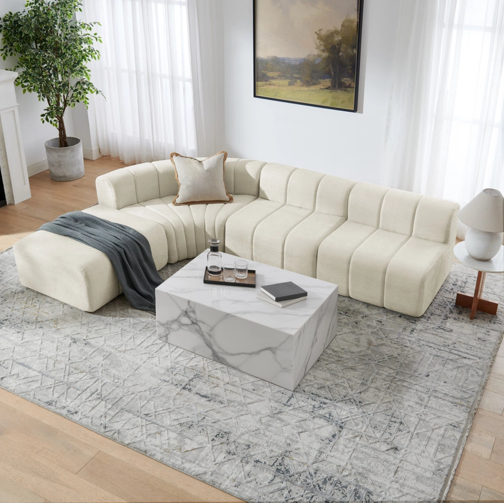 Divano angolare modulare a 4 posti in chenille beige; componibile e multifunzione