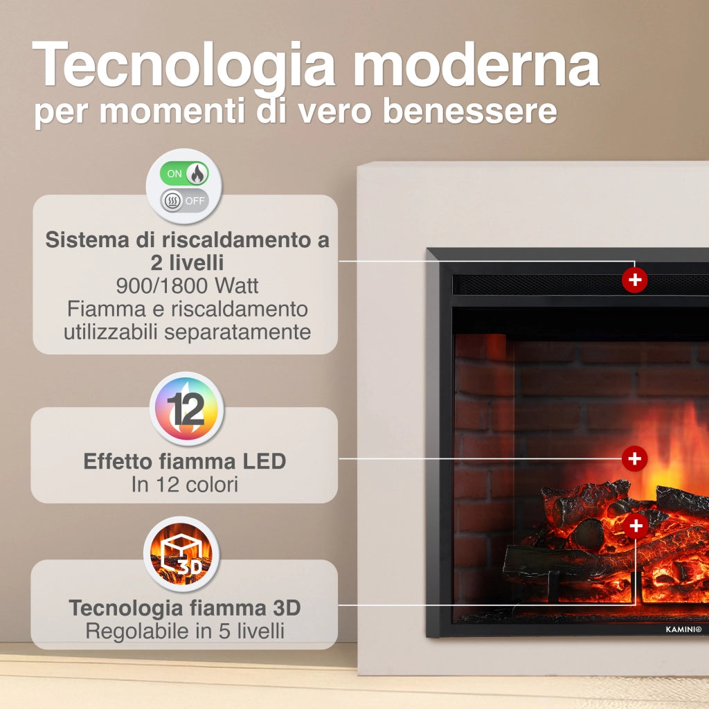 KAMINIO Camino elettrico LUCA - Camino elettrico a incasso con riscaldamento, effetto fiamma 3D, 12 colori di fiamma, telecomando - 30 pollici