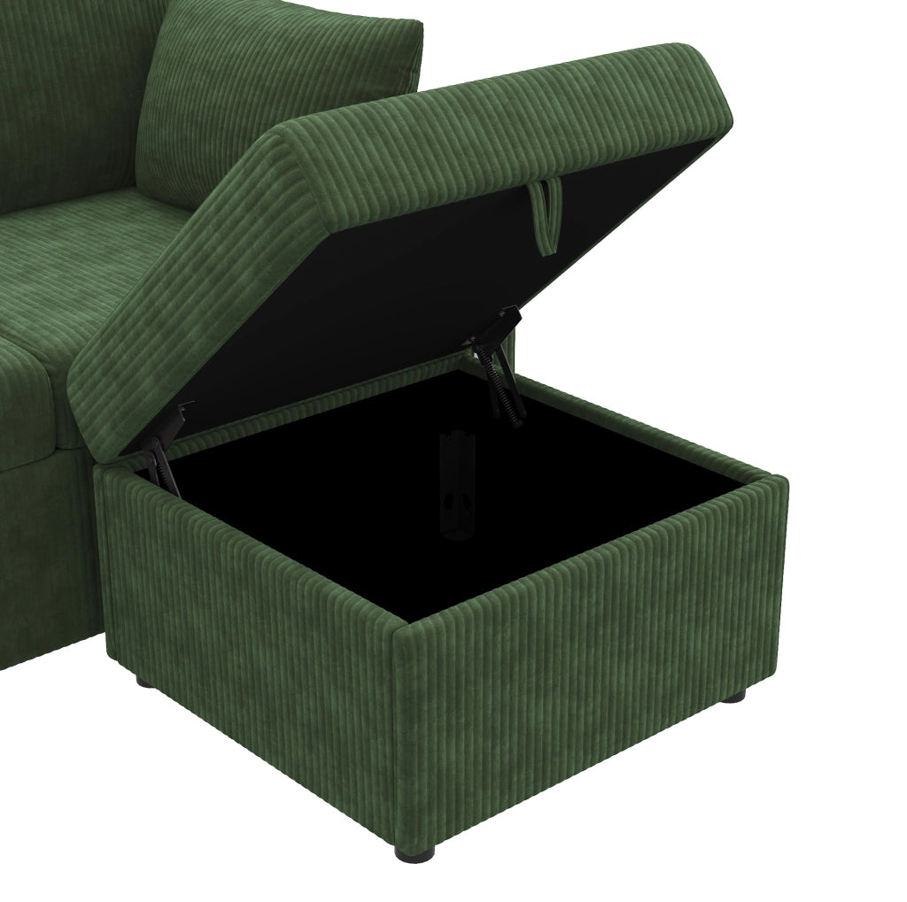 Sofa modulare U/L 190 x 130 x 85 cm in tessuto corduroy verde con contenitore e LED